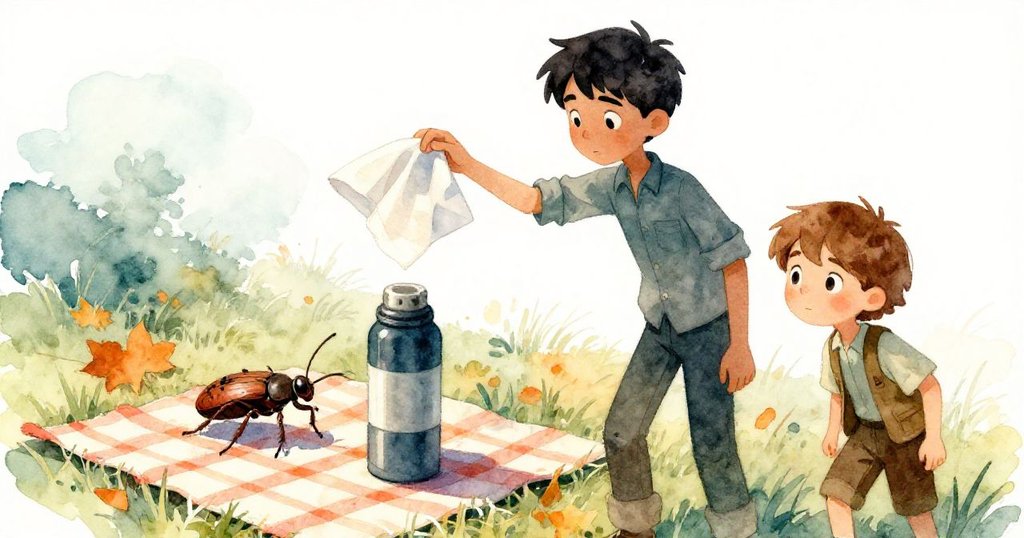 風起時餐巾遮住昆蟲,重瓶壓住野餐布,細長昆蟲順瓶攀爬,背景散發淡橙氣息。