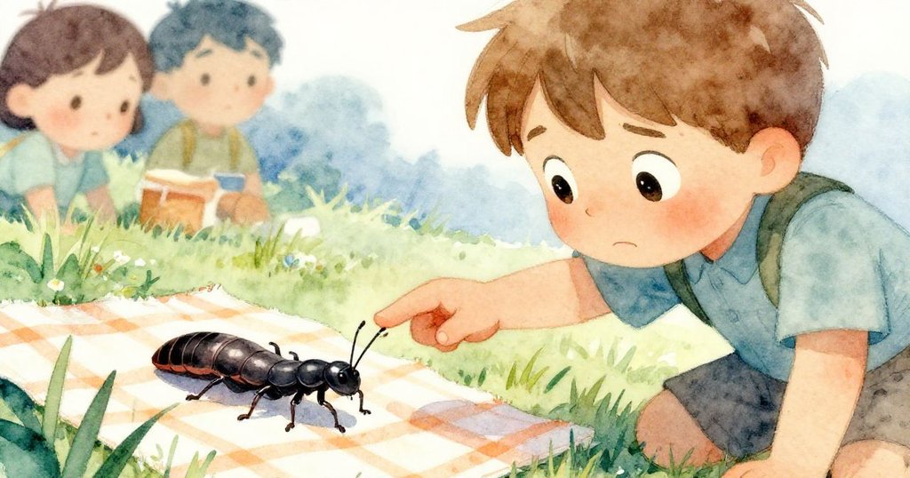 Kay溫柔地用指尖引導細長昆蟲離開野餐布,畫面聚焦手與昆蟲,流露出關愛與決心。