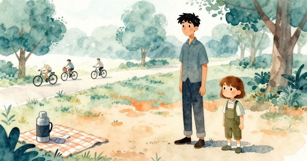 在平靜公園中,Cyclists遠行迎風,野餐區由重瓶穩固,Kay與Griffon凝望遠方,寓意故事尚續。