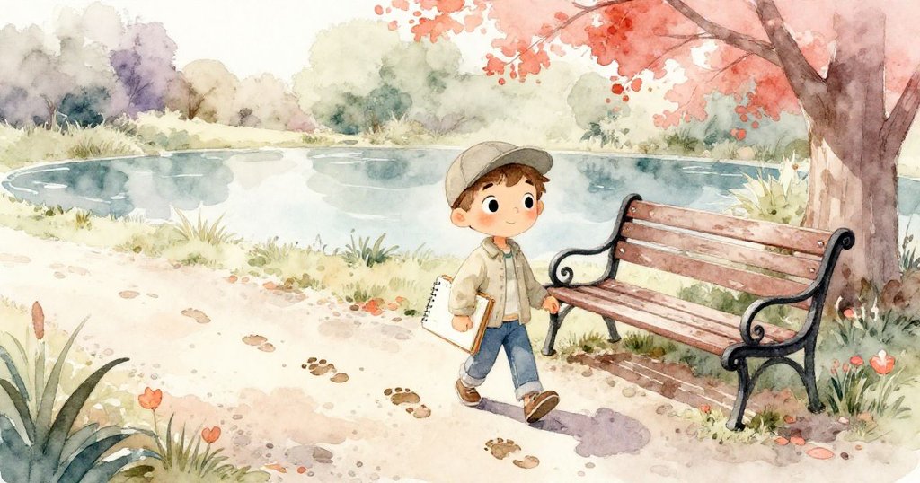 特倫特走在泥濘小徑上,腳印清晰,前往寧靜池塘旁的生鏽長椅,神情期待,環境靜謐溫柔。