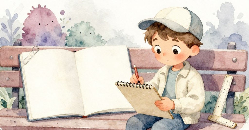 特倫特專注於草圖本,精心握筆畫作,旁邊擺著修身尺,情緒堅定,展現創作堅持。