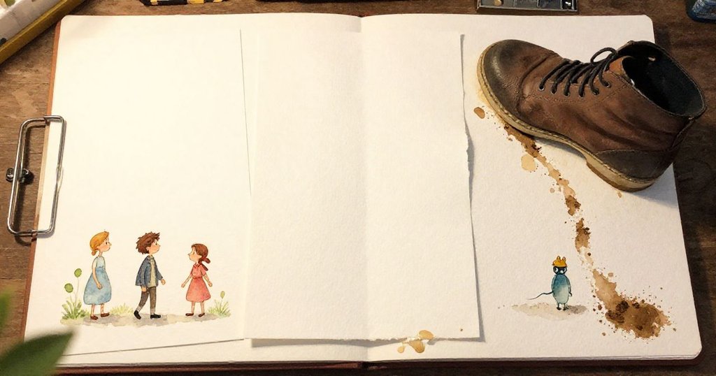 鴨子視角透視,鴨子在池邊啄食麵包屑,水面反射細光,環境清新靜謐,生動呈現自然之美。