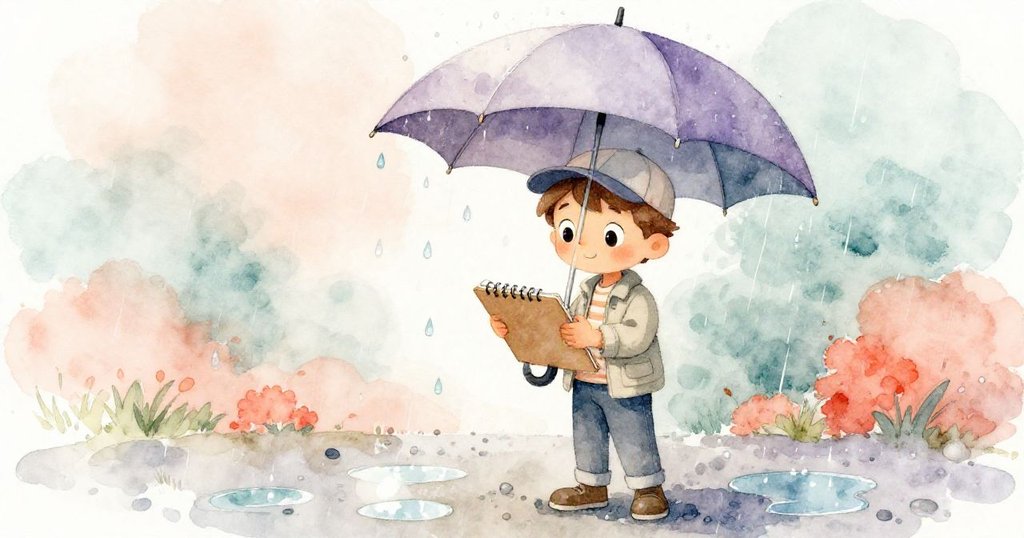 特倫特在下雨時撐傘保護草圖本,雨點濺落石子上,氛圍轉為溫柔季節變換,表情專注堅定。