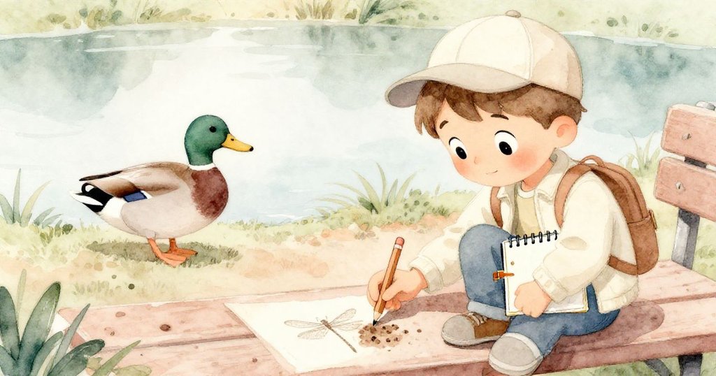特倫特停下筆來仔細描繪泥中蜻蜓翼痕,向鴨子點頭示意,神情沉靜深思與自然對話。