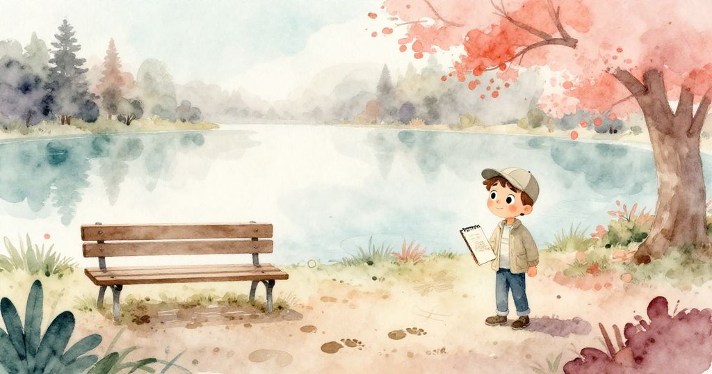 寬闊景致展現池塘、長椅與自然細節,特倫特遠處謹慎創作,藝術與自然完美融合,情感豐盈感人。