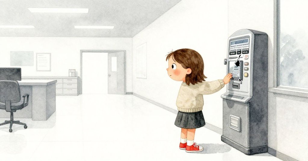 在現代辦公廳中,貝亞按下破損票機按鈕,環境明亮鋼質與玻璃交織,展現故事開端與期待。