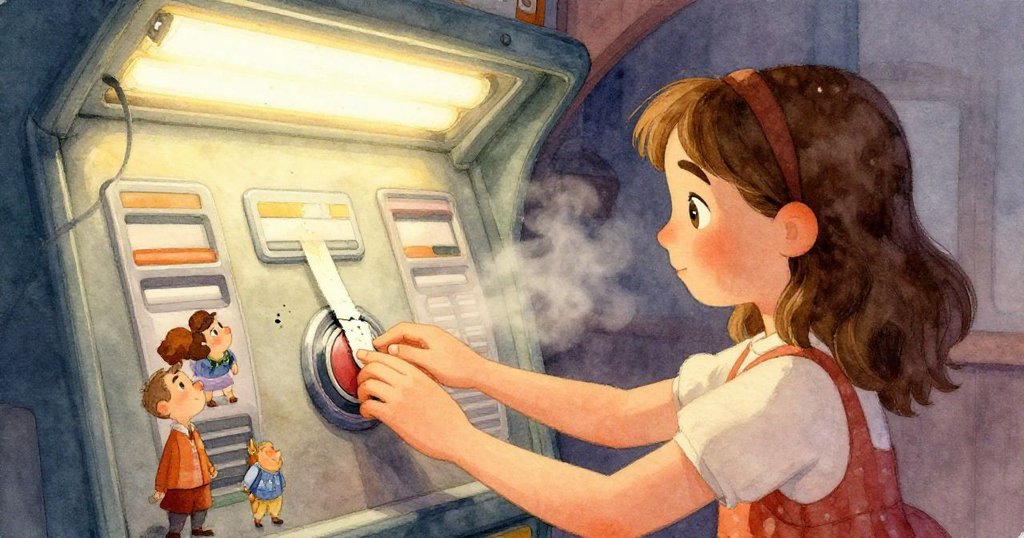 貝亞的手部特寫按壞掉的票機按鈕,條狀物輕觸手掌,細節豐富展現溫暖與觸感。