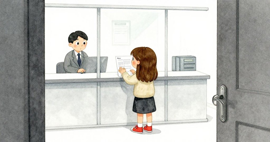 透過門縫觀察,貝亞將報關單滑入冷冽玻璃中,櫃檯職員靜然點按,營造神秘而有序氣氛。