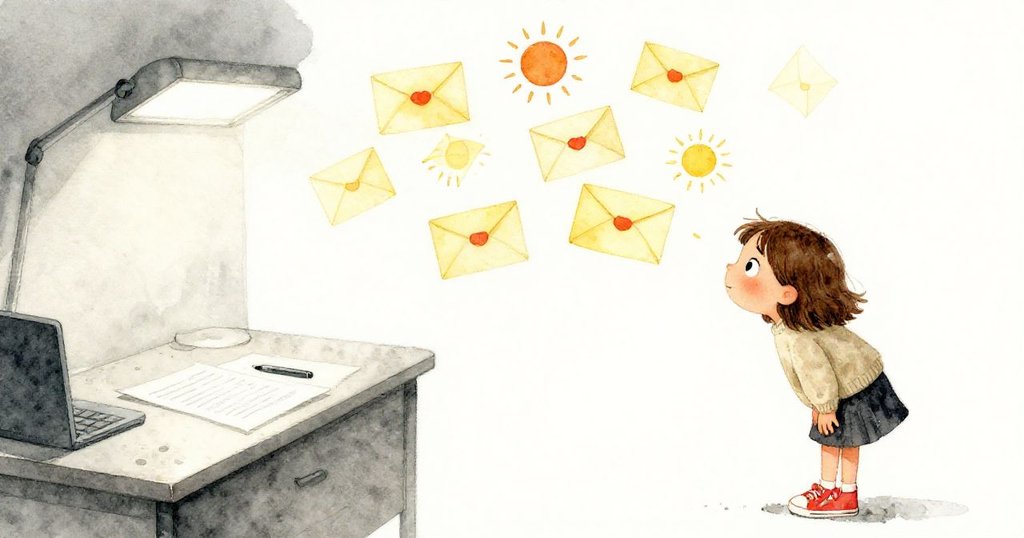 貝亞站在一半嚴謹辦公桌、一半夢幻信封的交錯場景中,臉上流露好奇與期待,展現現實與幻想碰撞。