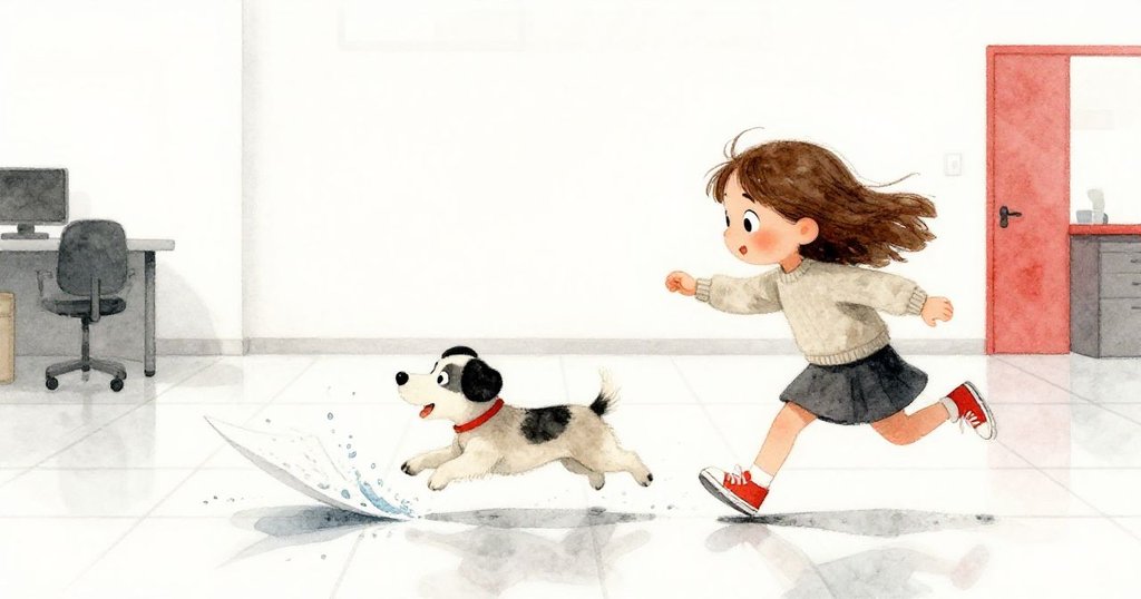貝亞與小獵犬在現代辦公室中追逐飄落文件,溢出水花四濺,動態場面表現驚喜與決心。