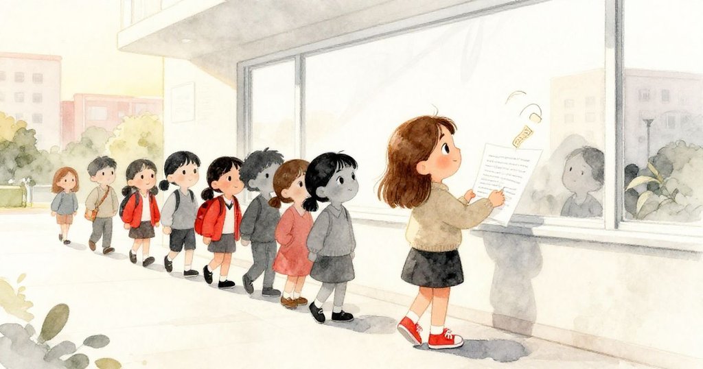 黃昏時分,貝亞在暖光中進入隊伍,手持修正表格,票根旋轉於近旁,場景溫馨且充滿希望,故事圓滿落幕。