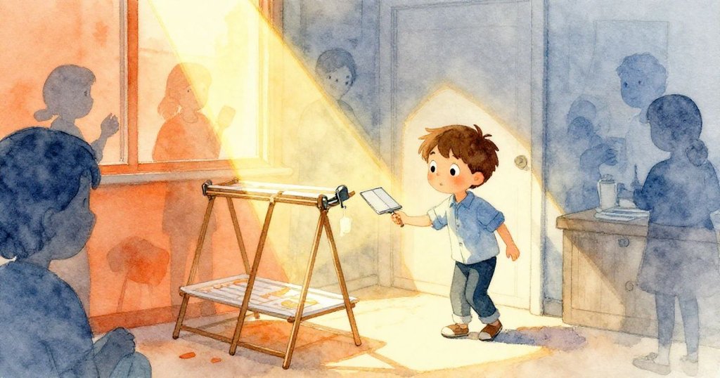 菲力克斯進入溫暖手作角落,明亮陽光下看到懸掛的開放夾具,背景有模糊訪客,神情充滿期待與好奇。