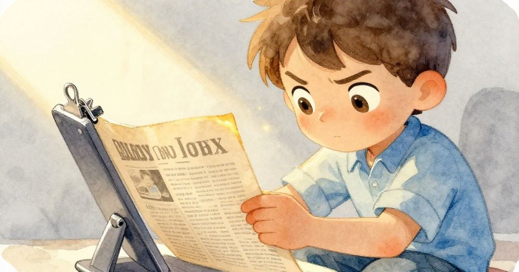 菲力克斯凝視著明亮夾具,手中緊握報紙,神情專注而堅定,光影交錯中透露決心。