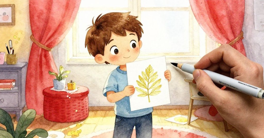 志工示意最後一分鐘,菲力克斯拿著完成的樹葉印,神情流露出解脫與滿足,室內溫馨氛圍中充滿希望。