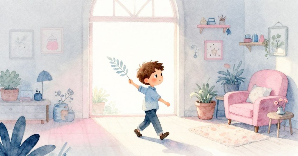 菲力克斯帶著樹葉印離開工坊,夕陽微光下作品輕輕飄揚,寓意著他創意旅程將持續展開,氛圍寧靜而溫馨。