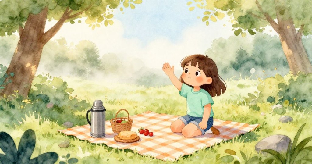 Hazel在清晨薄霧野餐現場驚呼滑動的保溫瓶，背景有石頭與格子布，表情驚訝，場景寧靜溫暖。