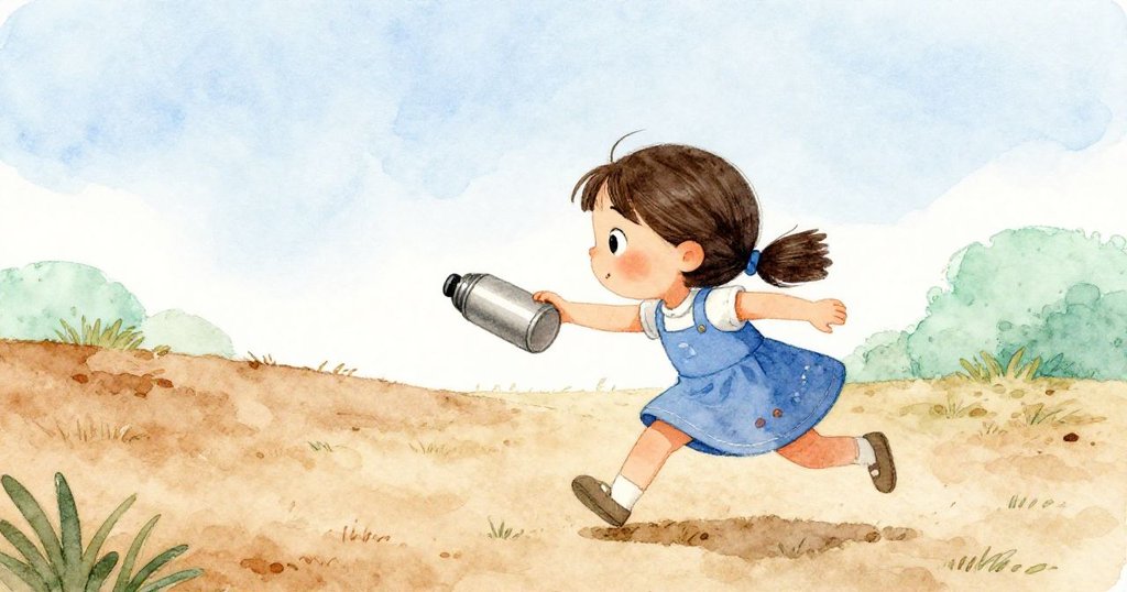 Blythe急速沖出迎接滾動的保溫瓶，空曠野餐區呈現負空間，背景簡約，臉上帶著決心。