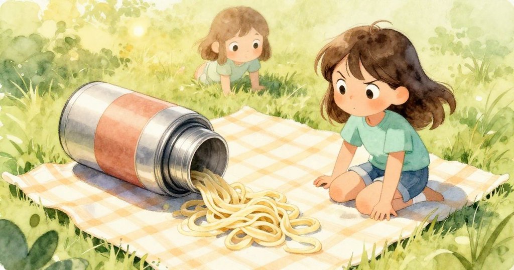 從高空俯視保溫瓶撞擊塑料桶，淡色意麵如細海浪瀰漫格子布，Hazel在旁觀察神情專注。