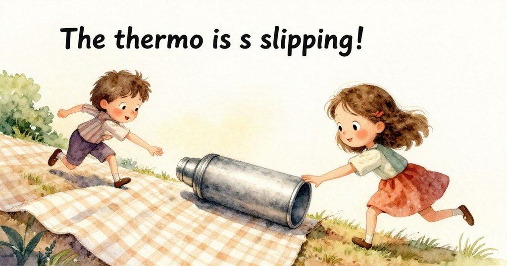 微距展現風起卷起格子布邊，絲巾翻飛、硬幣叮噹、葡萄輕滾追趕保溫瓶，場面活潑有趣。