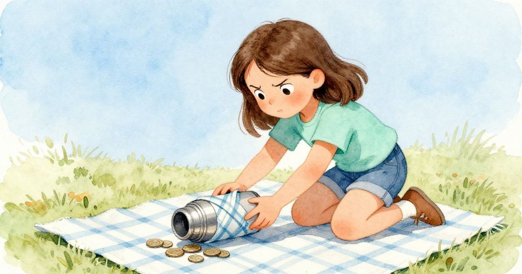 Hazel跪於野餐布上，小心推擺光滑保溫瓶，格子布隨機折疊穩住散落硬幣，臉上流露堅定神情。