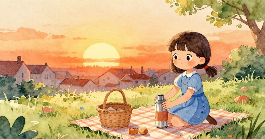 Blythe在夕陽映照下幫助加重籃子旁第二塑料桶，保溫瓶穩定於折疊布中，遠處房頂被夕光燦爛覆蓋，結局溫馨。