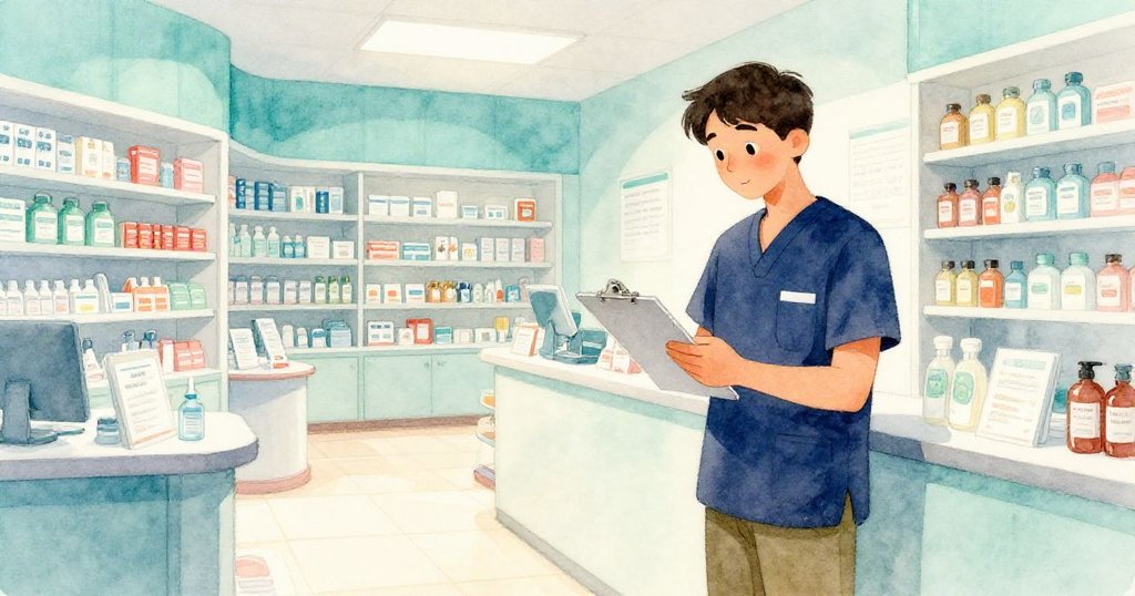 埃裡克在藍色工作服中,早晨走進藥房,放下資料夾,室內充滿柔和晨光,神情專注且期待。