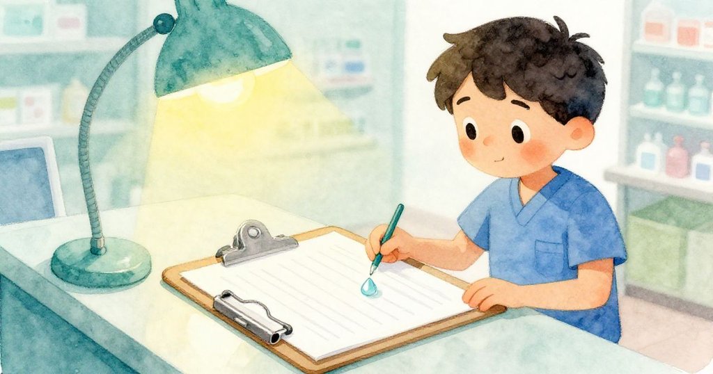 埃裡克在藥房內,正用袖子輕輕抹去紙上的水珠,文件上數字因水滴而模糊,燈光溫暖。