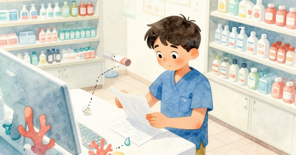 從高處俯視藥房櫃檯,埃裡克仔細檢查飲水珠痕跡的文件,神情中滲透出些許困惑與平靜。