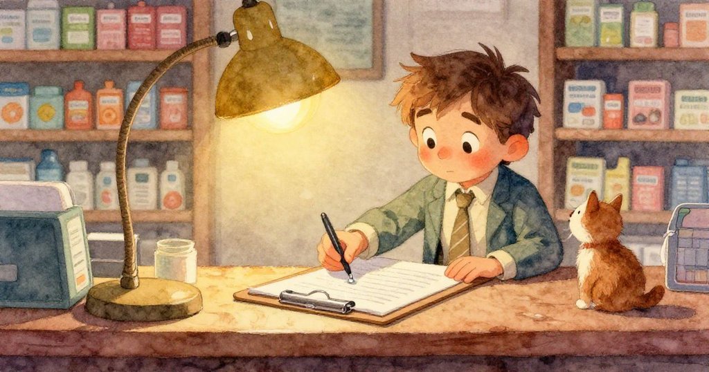 在藥房護士站,一位溫柔護士正快速折起毛巾,阻止漏水,環境溫馨而充滿細節,動作迅速。