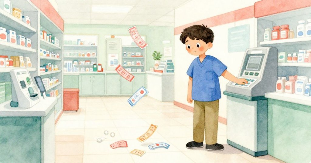 埃裡克站在取號機前,注視著彩色票券如多米諾效應般掉落,一張票滑到滾動凳子下,神情略帶驚奇。