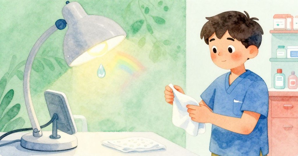 埃裡克靜靜注視燈座上水滴形成的彩虹,溫暖燈光下孤單滴水閃耀奇妙光芒,情景充滿柔和神秘感。