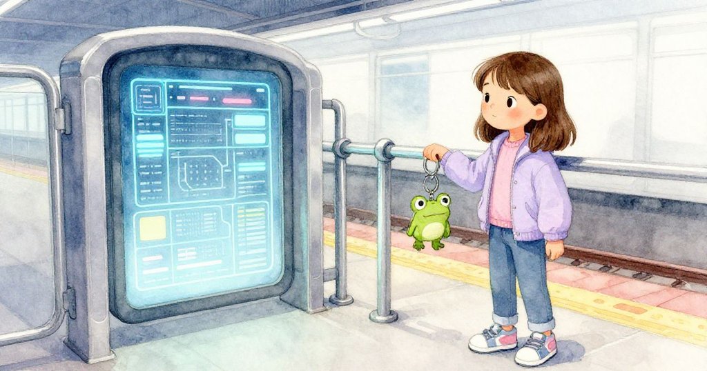 Viola在車站平台上，透過傾斜角度注視著半滿綠條數位門，表情專注且略帶不安，背景繁忙而現代。