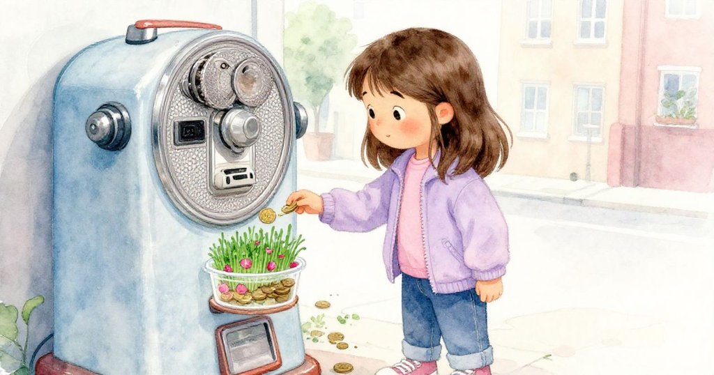 Viola在復古充幣機前仔細投幣，明亮的花瓣與濕潤芝麻菜裝飾在透明容器上，場景溫暖而懷舊。