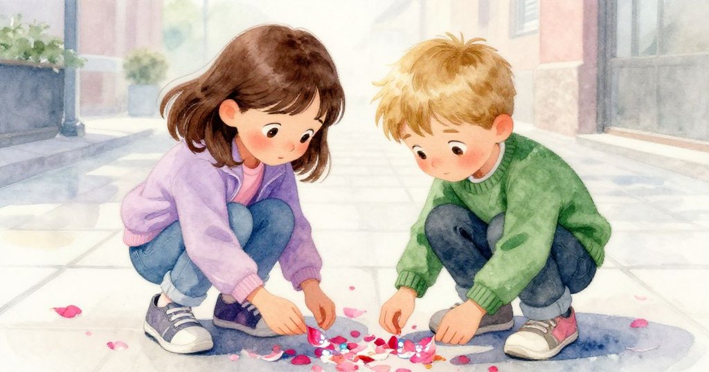 Viola與Dale在鏡面般的瓷磚地上彎腰收集散落花瓣，兩人神情堅定而溫柔，背景暗示車站現代感。