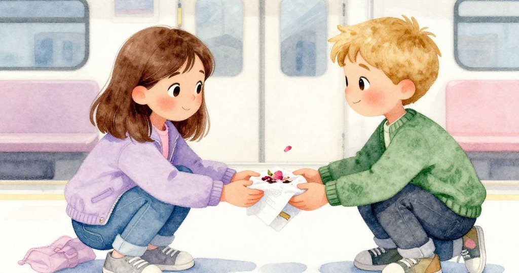 Dale與Viola在近距離溫情交換裝有花瓣的紙巾，彼此微笑中展現修復計劃成功的喜悅，背景溫暖而現代。