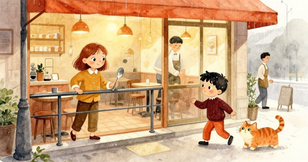 Viola 推著湯匙靠近吧檯邊,Ronan 躲避忙碌服務生,背景是雨中的溫暖咖啡館,神情活潑期待新一天。