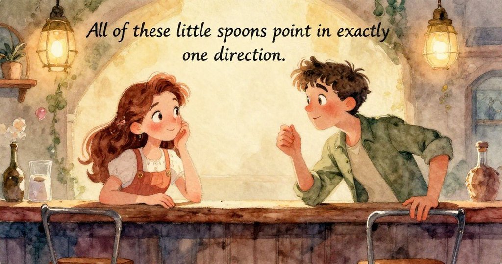 Viola 的手輕輕推動對齊的湯匙,水珠在不銹鋼吧檯上閃爍,展示細膩糖霜質感,情境充滿安靜細緻。