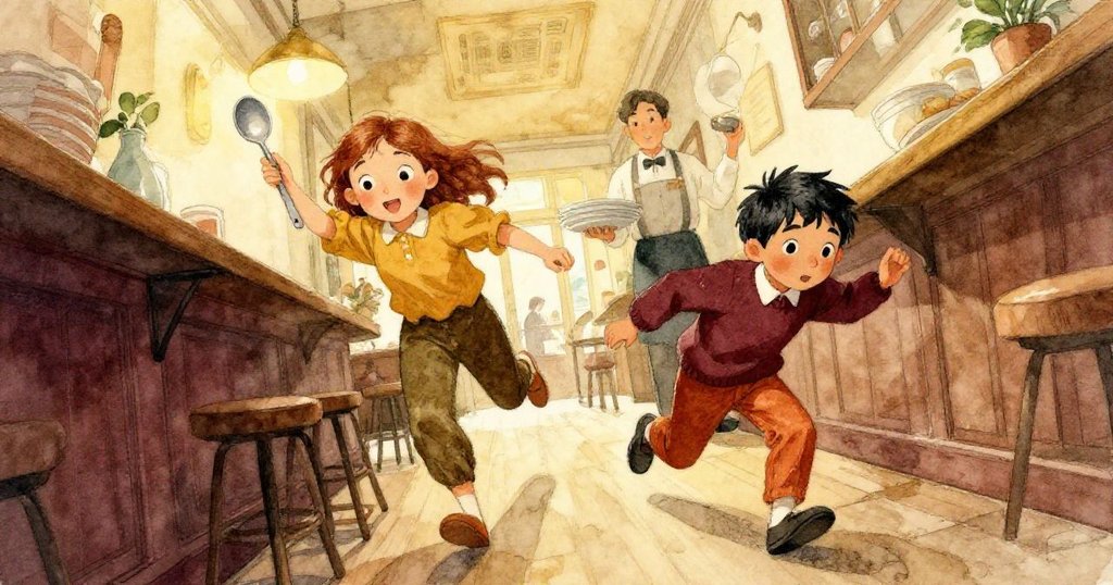 Viola 在狹窄通道中推動湯匙,Ronan 快速躲避平衡盤子的服務生,視角扭曲表現活潑緊張感。