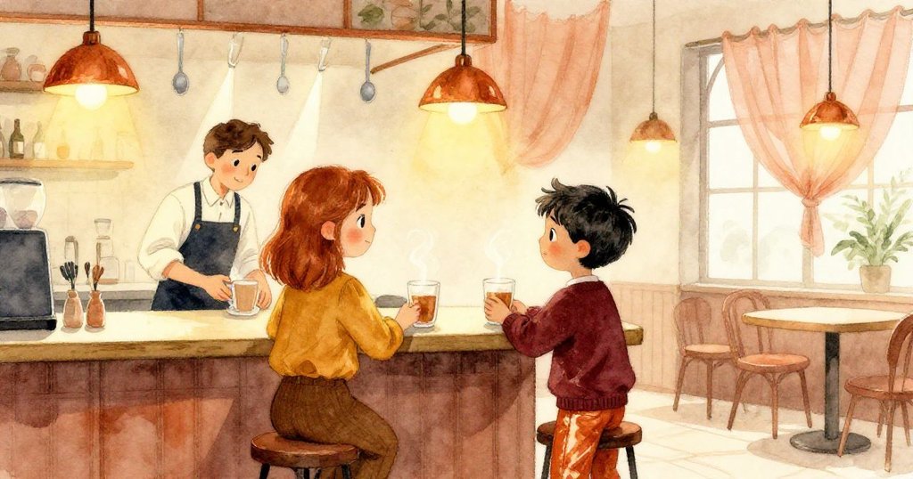 咖啡館內新空間中,Barista 端上冒著蒸氣的飲品,Viola 與 Ronan 注視細節,燈光照射下吧檯物件明亮溫馨。