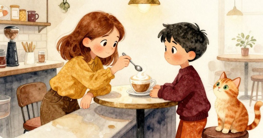 Viola 與 Ronan 眼神互動,湯匙動作定格瞬間,咖啡泡沫飛濺,旁邊姜貓好奇觀望,氣氛既緊張又期待。