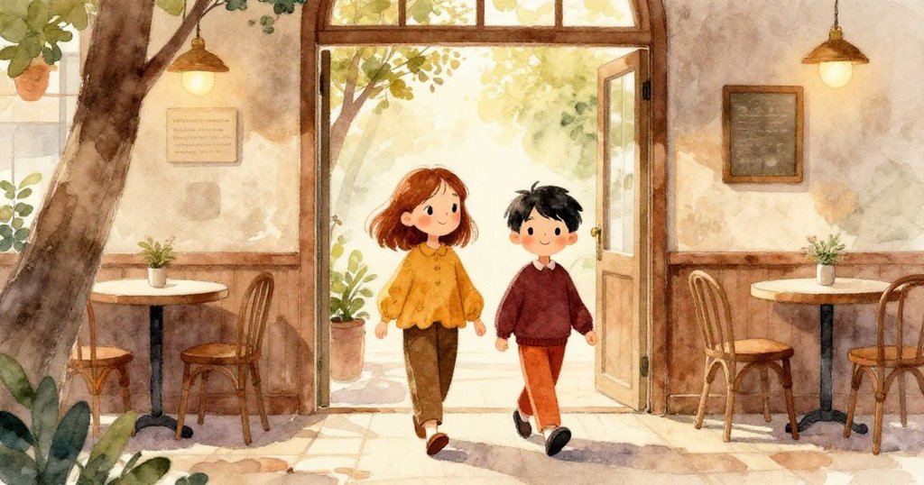 Viola 與 Ronan 微笑著走向陽光充沛的咖啡館門口,背後吧檯整齊,象徵故事和諧結局,充滿希望與溫暖。