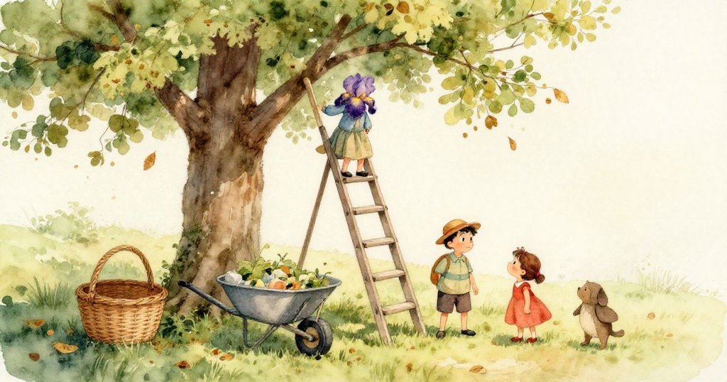 在金色晨光下,第二棵梨樹旁擺著柳條籃、梯子及踏板,乾枯落葉隨風飄動,營造出故事開端的寧靜期待。