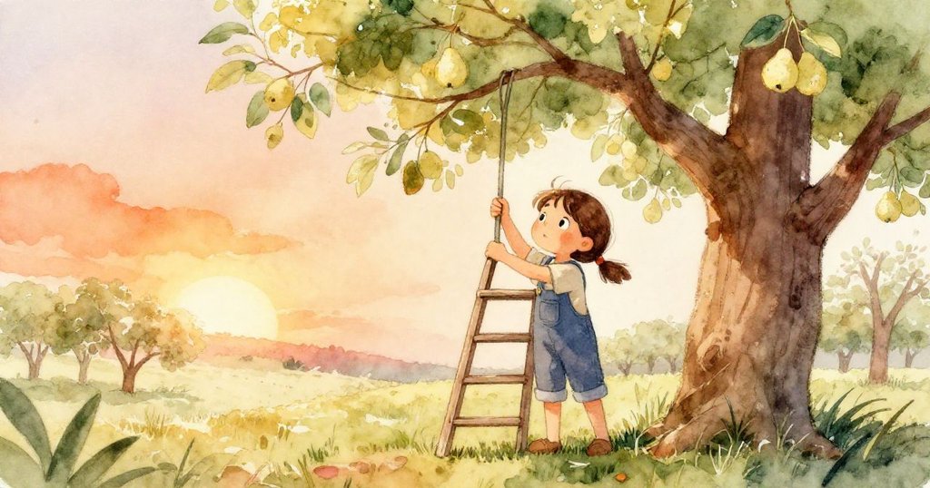 Iris站在梨樹旁,小心將梯子腳放在穩固處,專注地聽著遠處車流與蜜蜂嗡嗡聲,展現出堅定準備採果的神情。