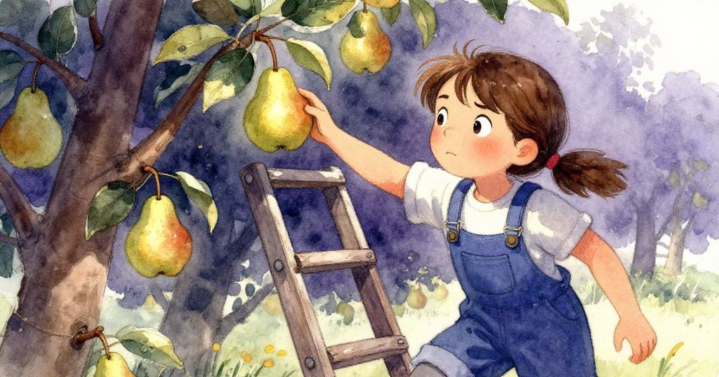 Iris在搖搖欲墜的梯子上緊張調整身形,表情驚訝中透出堅定,手指輕觸即將摘下的梨,背景隱約顯現梨樹枝葉。