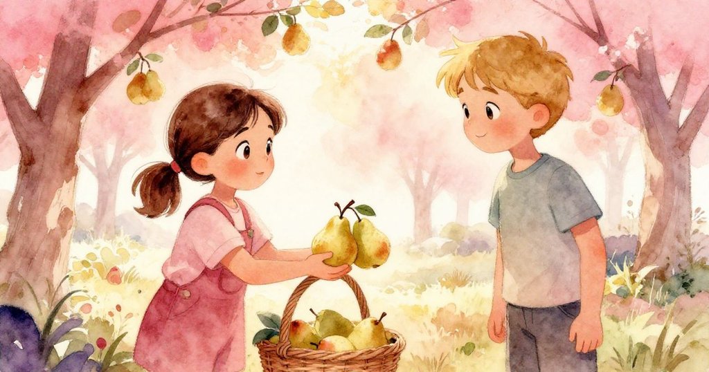 Iris成功摘下梨後,不慎觸動籃沿使梨輕碰落地,她迅速下梯並將受損果實遞給微笑的Silas,展現協作情誼。