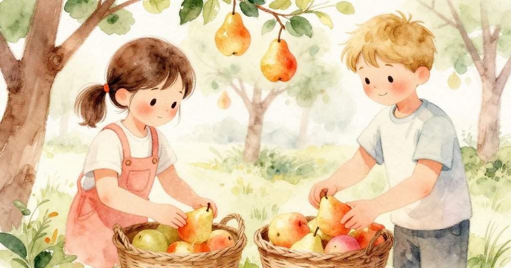 Iris與Silas細心分揀梨子,近鏡頭呈現孩子們溫柔的手勢與果實紋理,畫面充滿合作與秋日溫馨的氣氛。