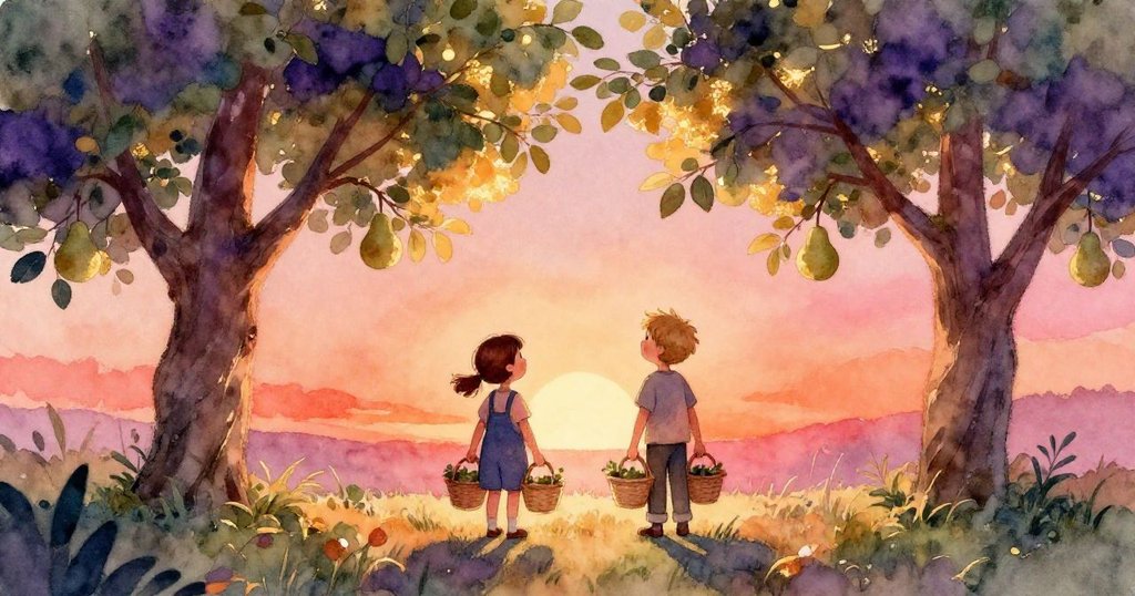 Iris與Silas並肩站於寬闊梨園中,望向夕陽映照的遠方,微笑中傳遞著完成任務後的滿足與期待新冒險的希望。