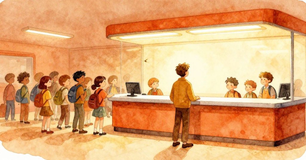 諾蘭站在現代票務櫃檯前，燈光明亮映襯下顯出微暗形狀，他好奇地注視著前方，氣氛神秘。