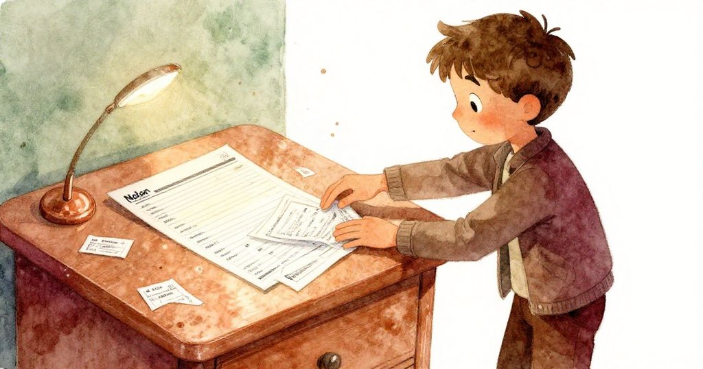 諾蘭正小心收集閃光紙張，背景票務區歷史感強，手法細膩透露趣味。