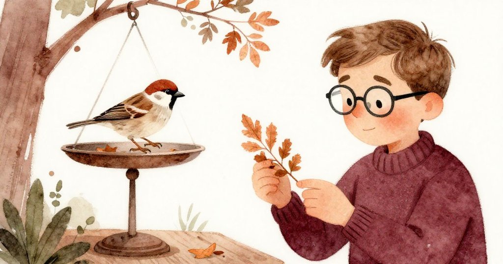 一隻塵埃麻雀優雅停在秤盤上，植物學者手持葉片，整個場景充滿懷舊柔和氣氛。